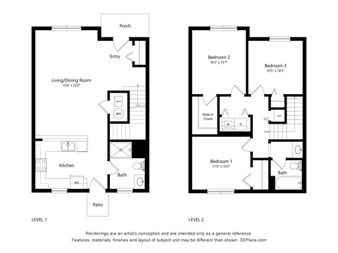 Floor plan for 3 beds, 2 baths, 1267 sqft